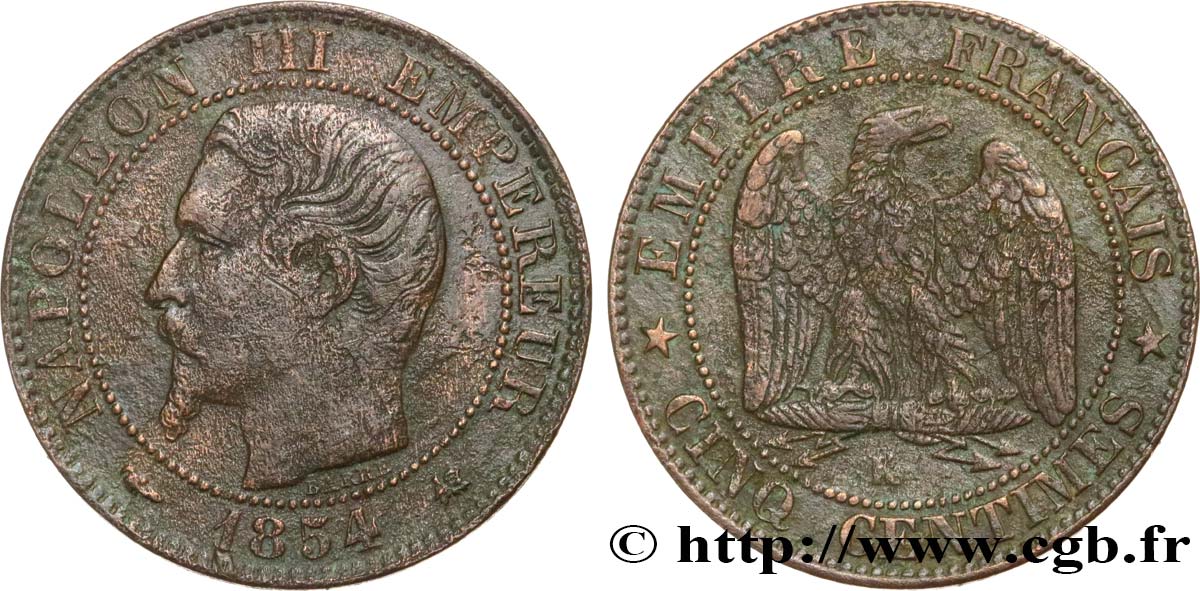Cinq centimes Napoléon III, tête nue 1854 Bordeaux F.116/13 MB 