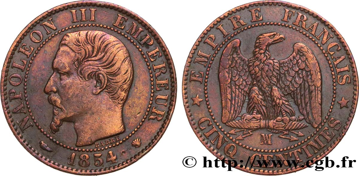 Cinq centimes Napoléon III, tête nue 1854 Marseille F.116/14 XF 
