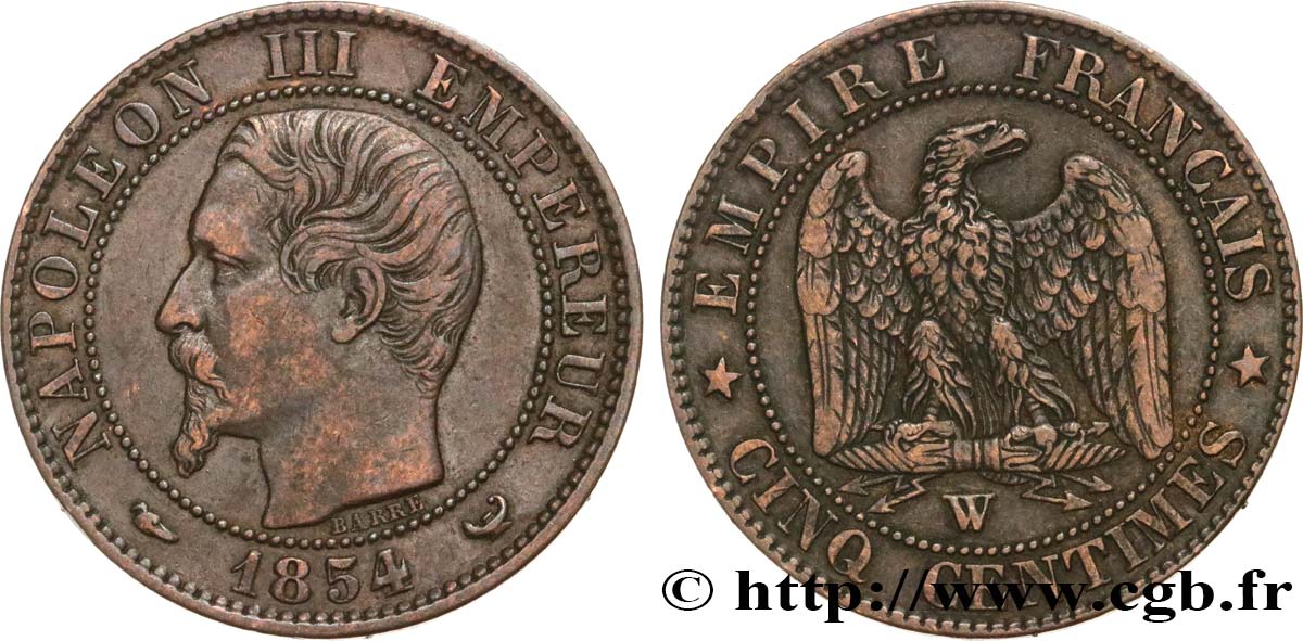 Cinq centimes Napoléon III, tête nue 1854 Lille F.116/15 TTB45 