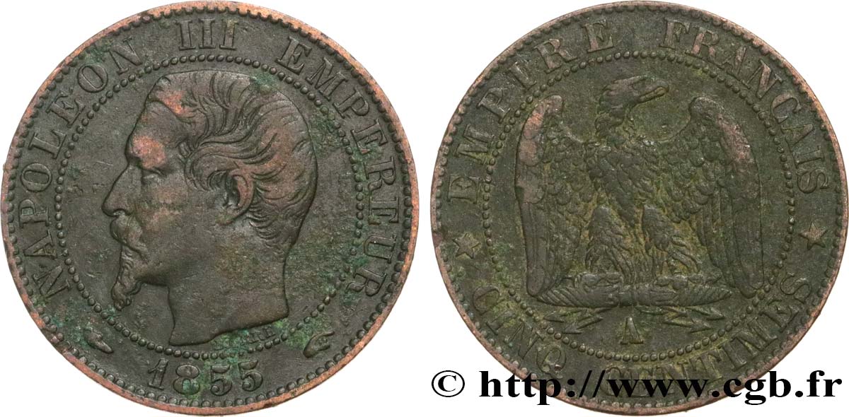 Cinq centimes Napoléon III, tête nue 1855 Paris F.116/16 q.BB 