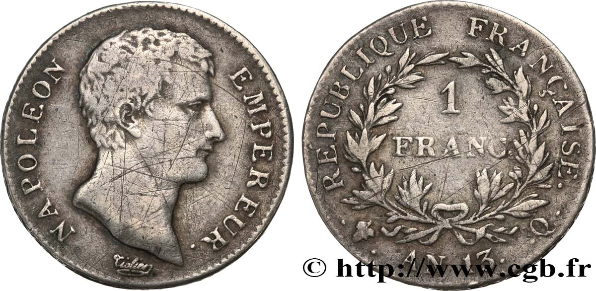 1 franc Napoléon Empereur, Calendrier révolutionnaire 1805 Perpignan F.201/25 TB 
