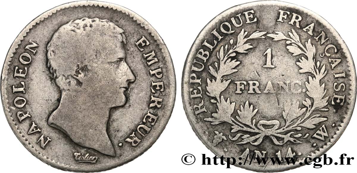 1 franc Napoléon Empereur, Calendrier révolutionnaire 1805 Lille F.201/39 TB15 