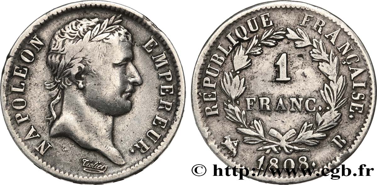 1 franc Napoléon Ier tête laurée, République française 1808 Rouen F.204/3 S35 