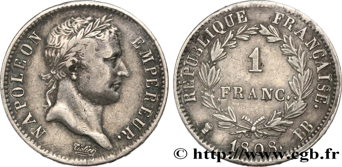 1 franc Napoléon Ier tête laurée, République française 1808 Strasbourg F.204/4 MBC40 