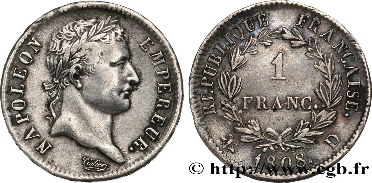 1 franc Napoléon Ier tête laurée, République française 1808 Lyon F.204/5 XF45 