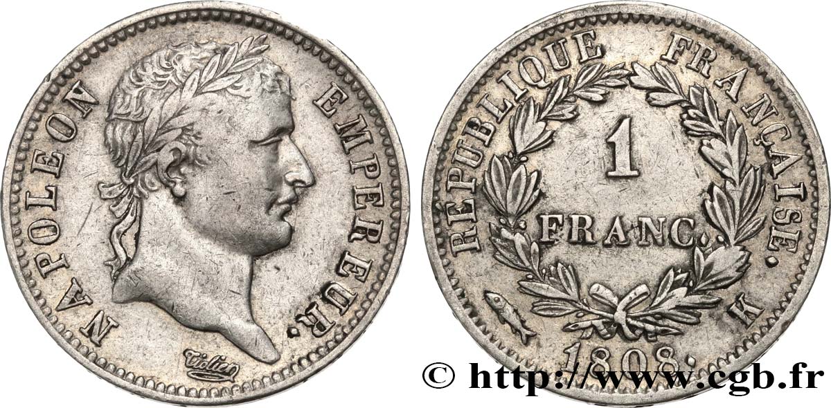 1 franc Napoléon Ier tête laurée, République française 1808 Bordeaux F.204/8 MBC45 