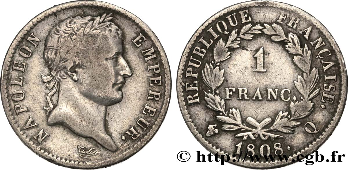 1 franc Napoléon Ier tête laurée, République française 1808 Perpignan F.204/12 TB 