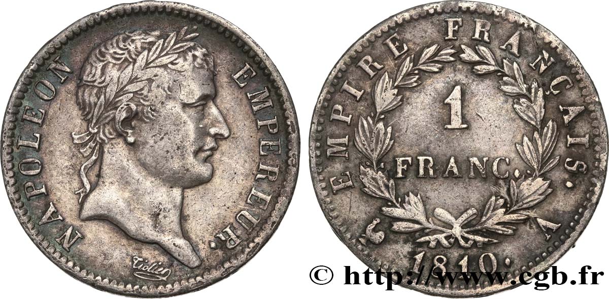 1 franc Napoléon Ier tête laurée, Empire français 1810 Paris F.205/12 SS40 