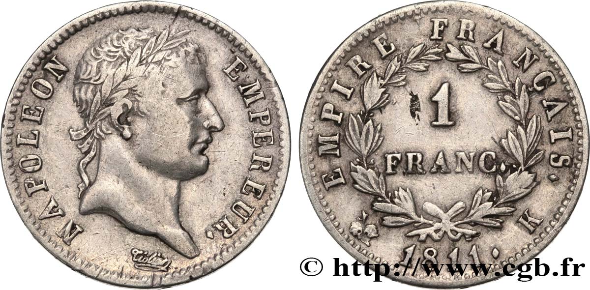 1 franc Napoléon Ier tête laurée, Empire français 1811 Bordeaux F.205/34 MBC40 