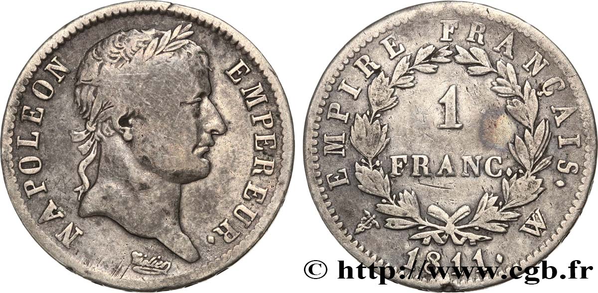 1 franc Napoléon Ier tête laurée, Empire français 1811 Lille F.205/41 S 