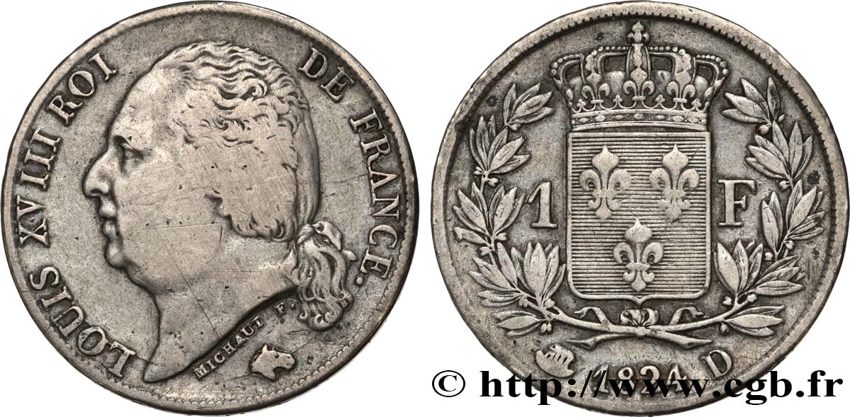 1 franc Louis XVIII 1824 Lyon F.206/58 MB30 
