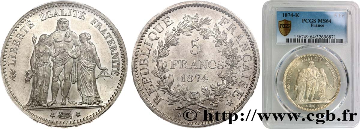 5 francs Hercule 1874 Bordeaux F.334/13 SC64 PCGS