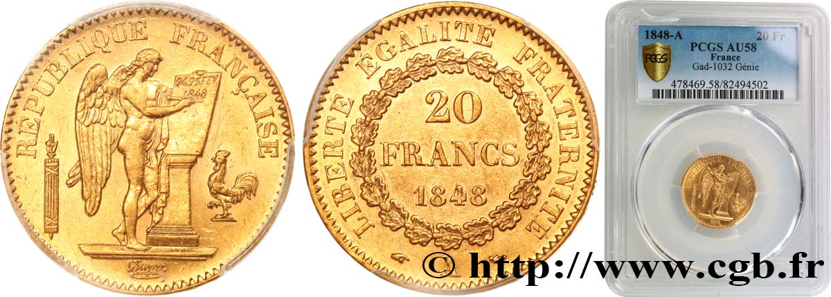 20 francs or Génie, IIe République 1848 Paris F.528/1 EBC58 PCGS