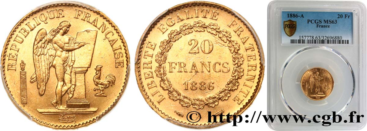 20 francs or Génie, IIIe République 1886 Paris F.533/9 MS63 PCGS