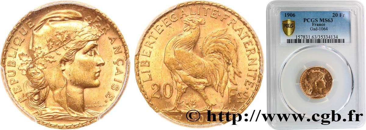 20 francs or Coq, Dieu protège la France 1906 Paris F.534/11 SC63 PCGS