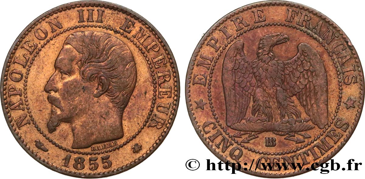 Cinq centimes Napoléon III, tête nue 1855 Strasbourg F.116/20 BB40 