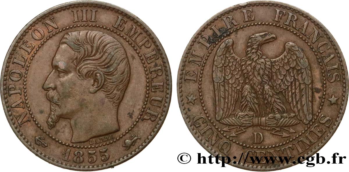Cinq centimes Napoléon III, tête nue 1855 Lyon F.116/23 AU50 