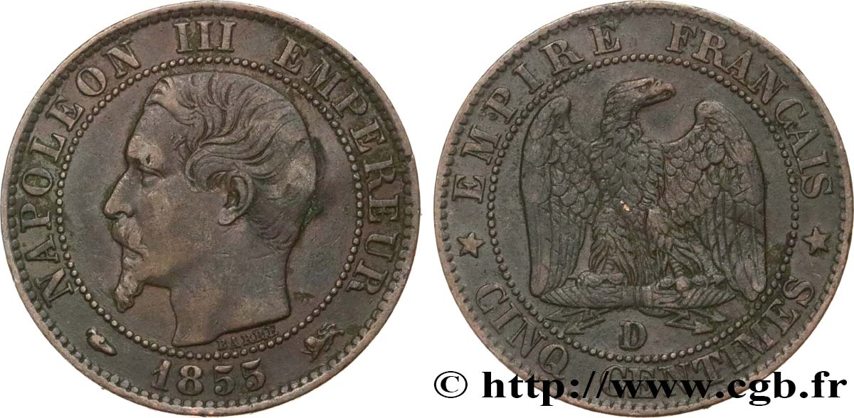 Cinq centimes Napoléon III, tête nue 1855 Lyon F.116/22 MBC40 
