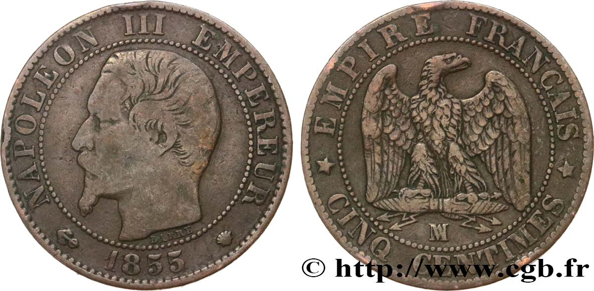 Cinq centimes Napoléon III, tête nue 1855 Marseille F.116/27 TB20 