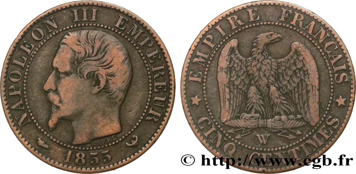 Cinq centimes Napoléon III, tête nue 1855 Lille F.116/28 TB25 