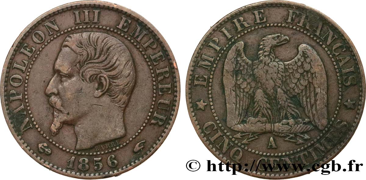 Cinq centimes Napoléon III, tête nue 1856 Paris F.116/30 TB25 