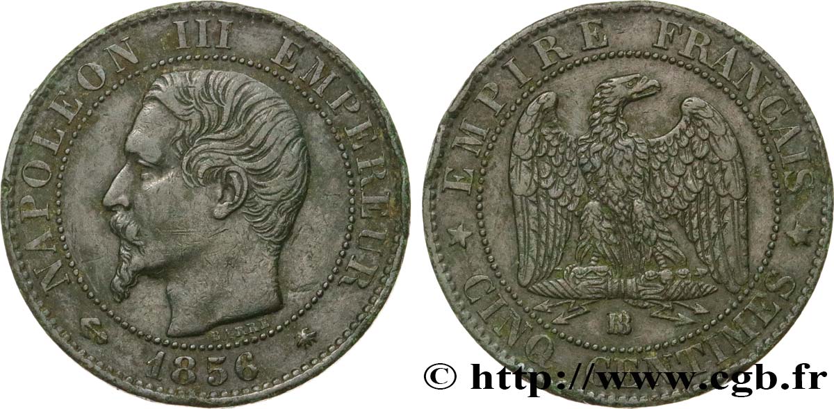 Cinq centimes Napoléon III, tête nue 1856 Strasbourg F.116/32 TTB 