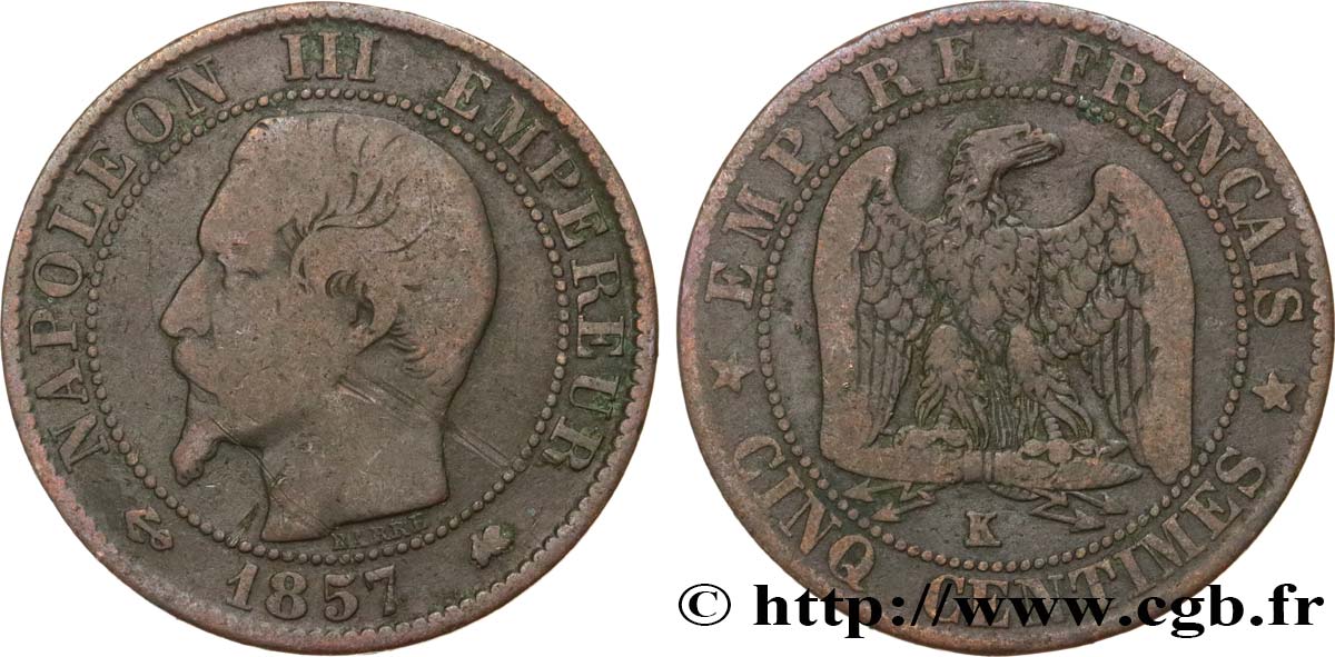 Cinq centimes Napoléon III, tête nue 1857 Bordeaux F.116/41 B+ 