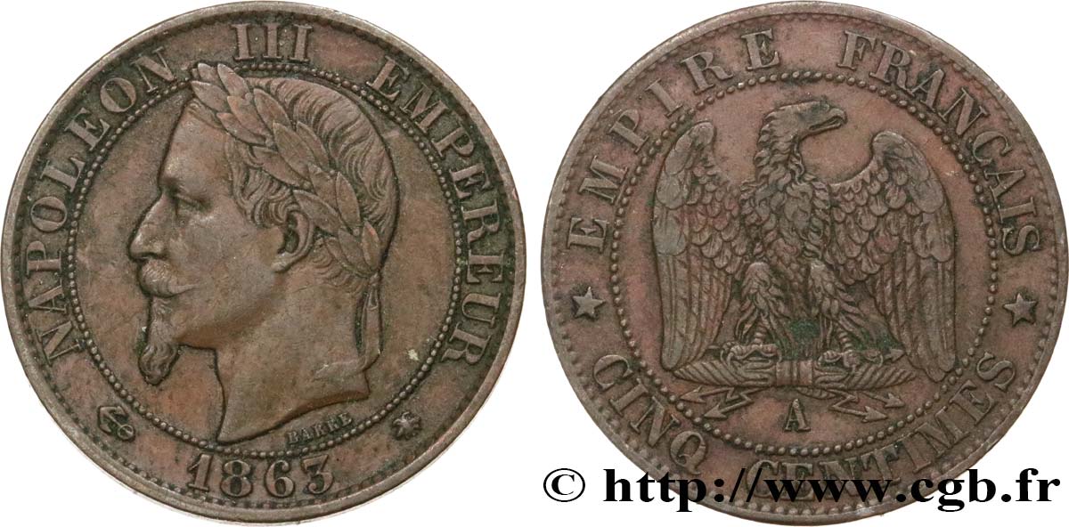 Cinq centimes Napoléon III, tête laurée 1863 Paris F.117/10 TTB40 