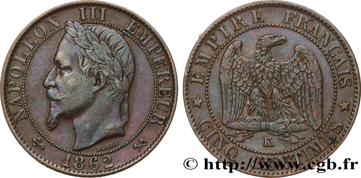Cinq centimes Napoléon III, tête laurée 1862 Bordeaux F.117/9 SS50 