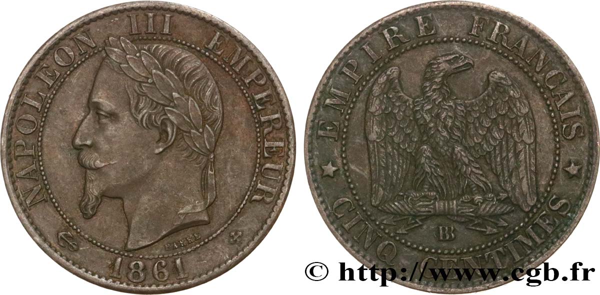 Cinq centimes Napoléon III, tête laurée 1861 Strasbourg F.117/5 TTB53 