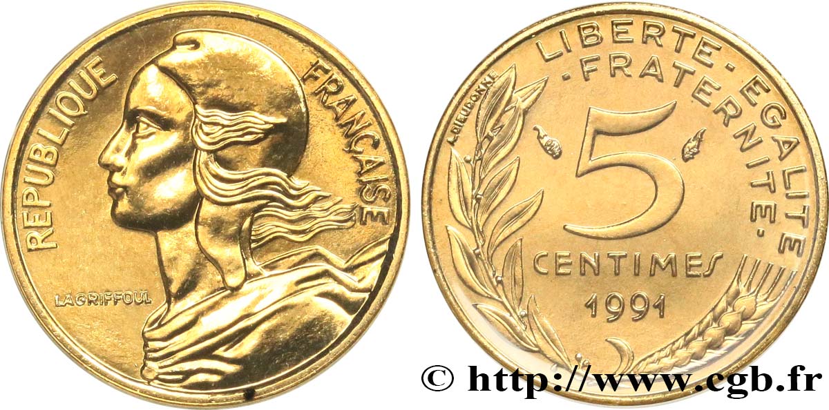 5 centimes Marianne, BU (Brillant Universel), frappe médaille 1991 Pessac F.125/28 FDC 