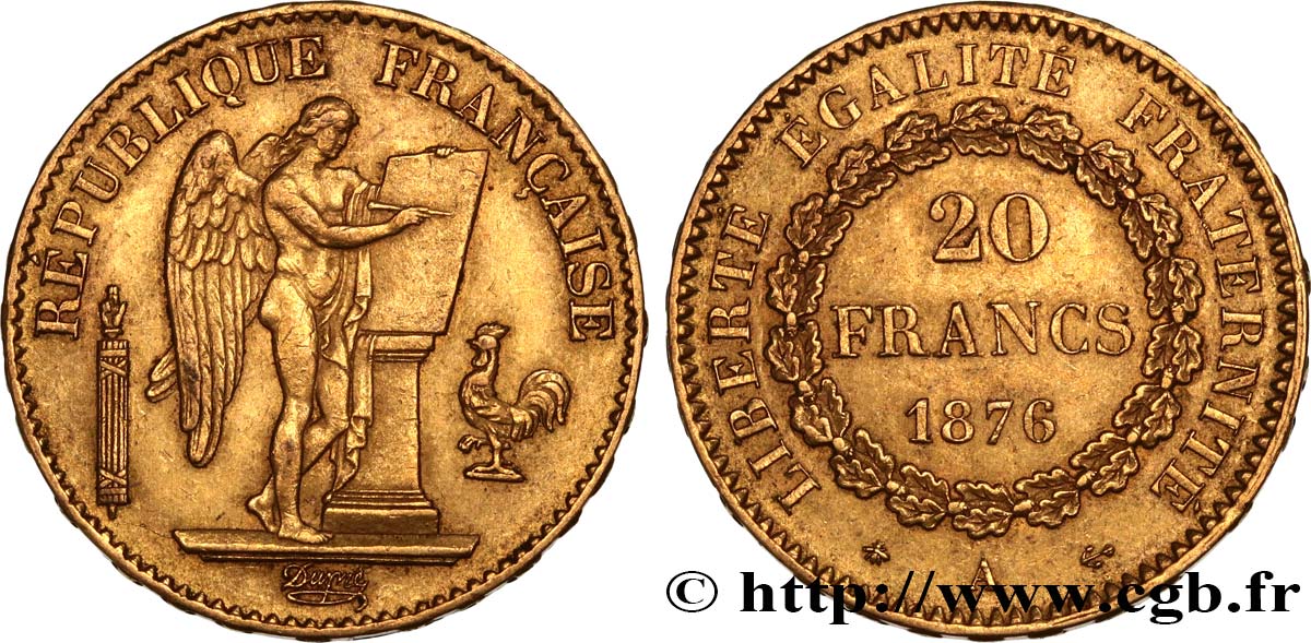 20 francs or Génie, IIIe République 1876 Paris F.533/4 AU53 