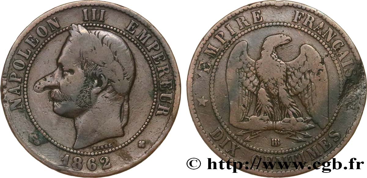 Dix centimes Napoléon III, tête laurée, satirique 1862 Strasbourg F.134/8 var. q.MB 