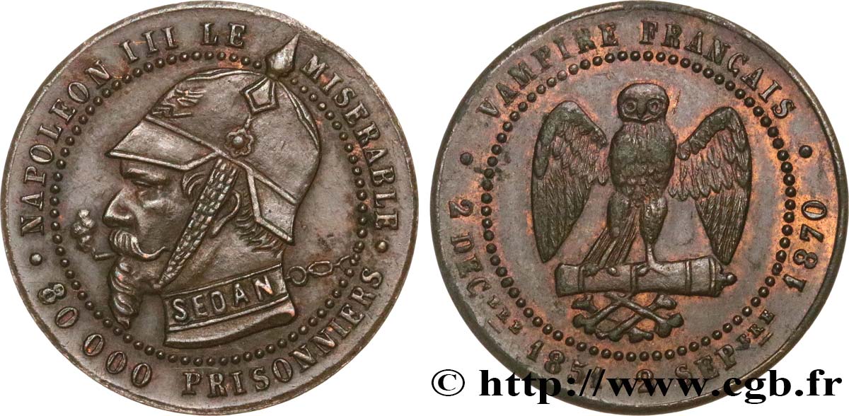 Médaille satirique Cu 25, module de Cinq centimes, type B “Os et Cigarette” 1870 s.l. Schw.B3c  SUP 