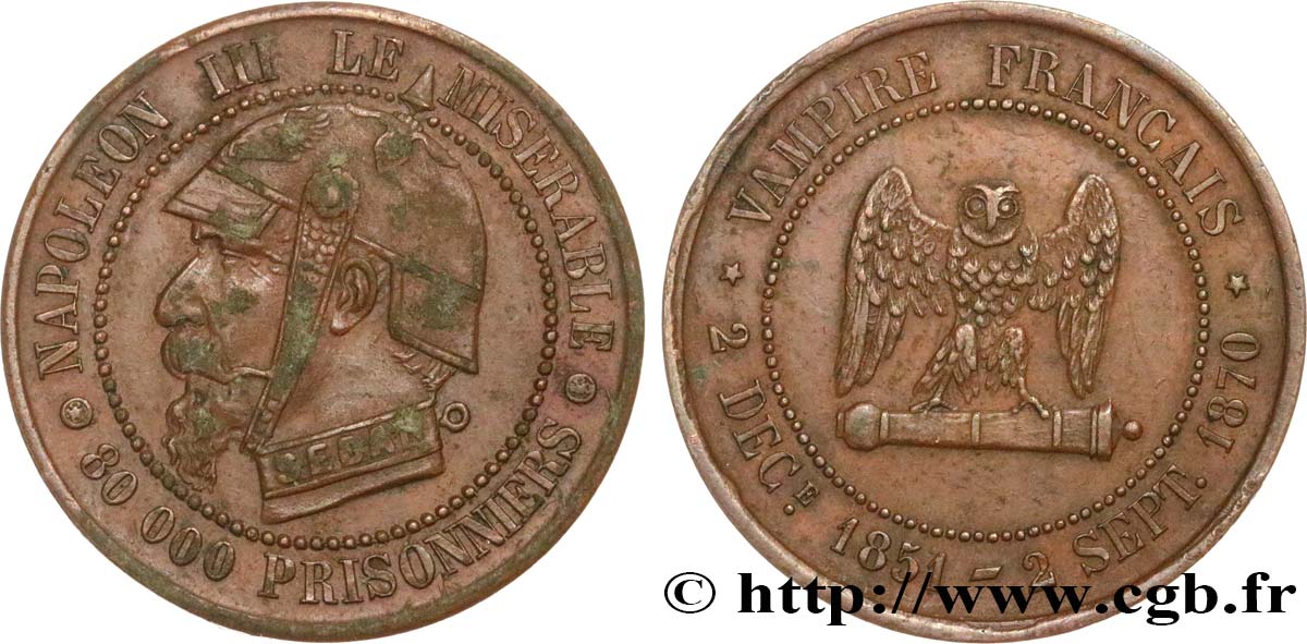 Médaille satirique Br 27, type E “Chouette penchée” 1870  Schw.E3b  TTB 