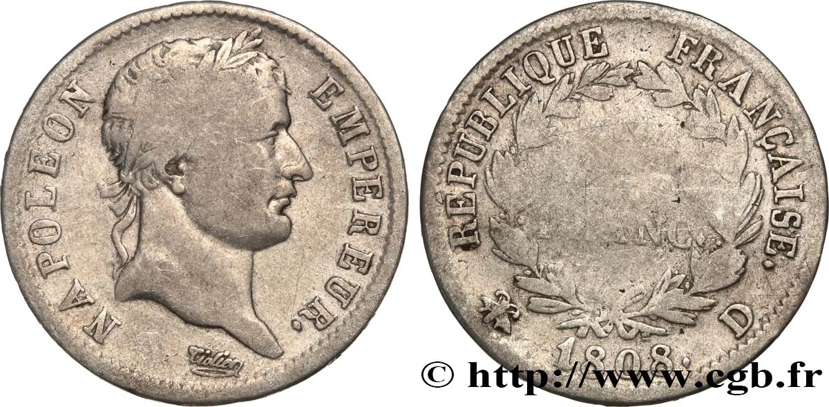 1 franc Napoléon Ier tête laurée, République française 1808 Lyon F.204/5 B 