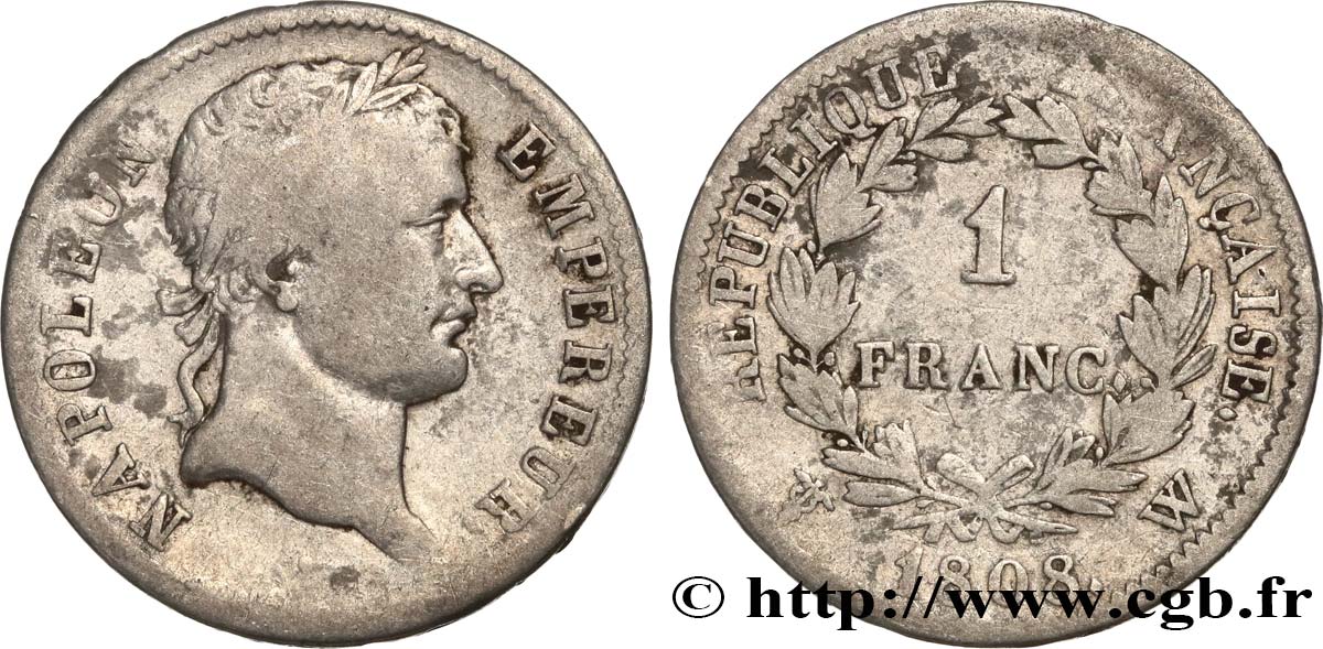 1 franc Napoléon Ier tête laurée, République française 1808 Lille F.204/15 VF 