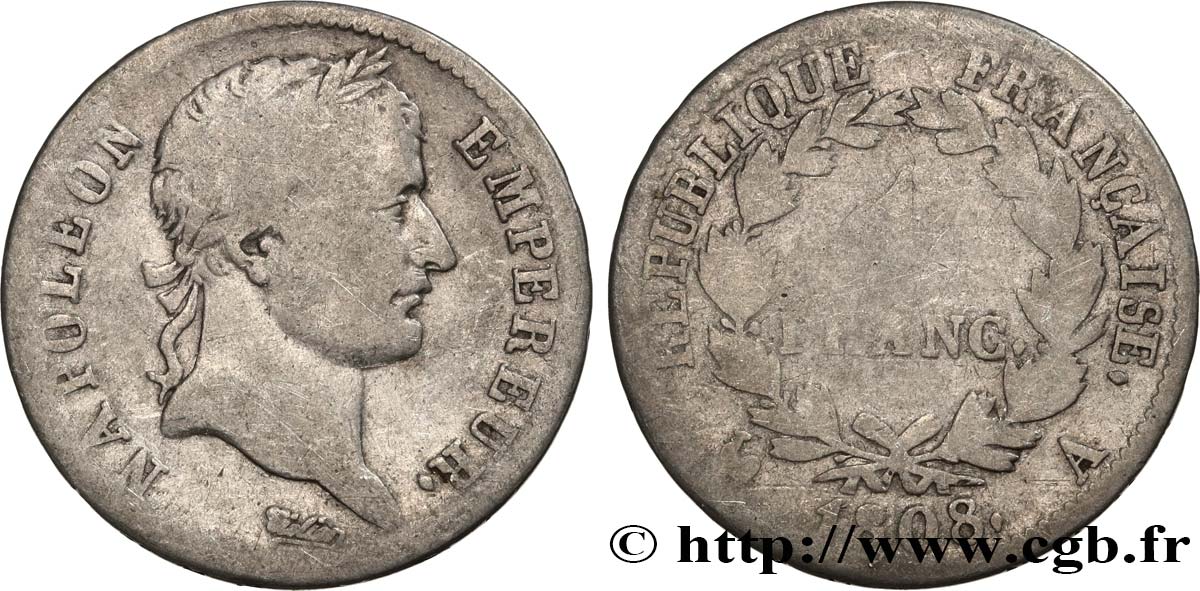 1 franc Napoléon Ier tête laurée, République française 1808 Paris F.204/2 SGE8 