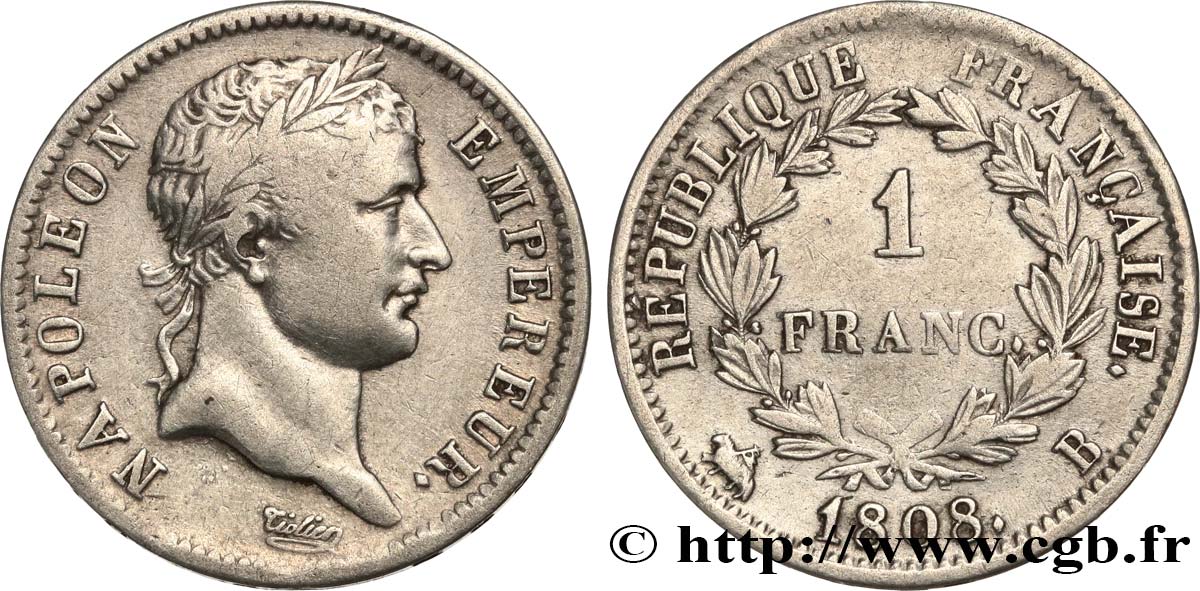 1 franc Napoléon Ier tête laurée, République française 1808 Rouen F.204/3 TB+ 