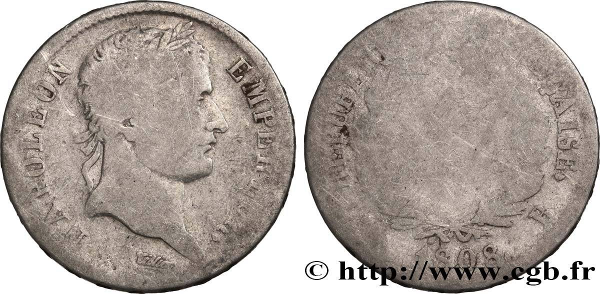 1 franc Napoléon Ier tête laurée, République française 1808 Rouen F.204/3 q.B 