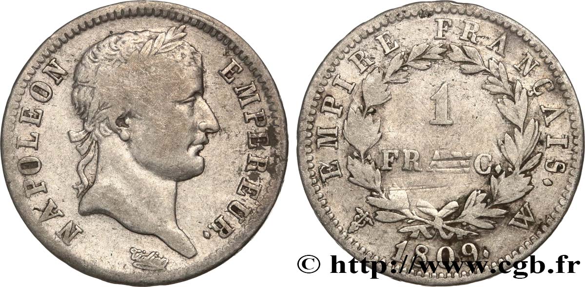 1 franc Napoléon Ier tête laurée, Empire français 1809 Lille F.205/11 TB 
