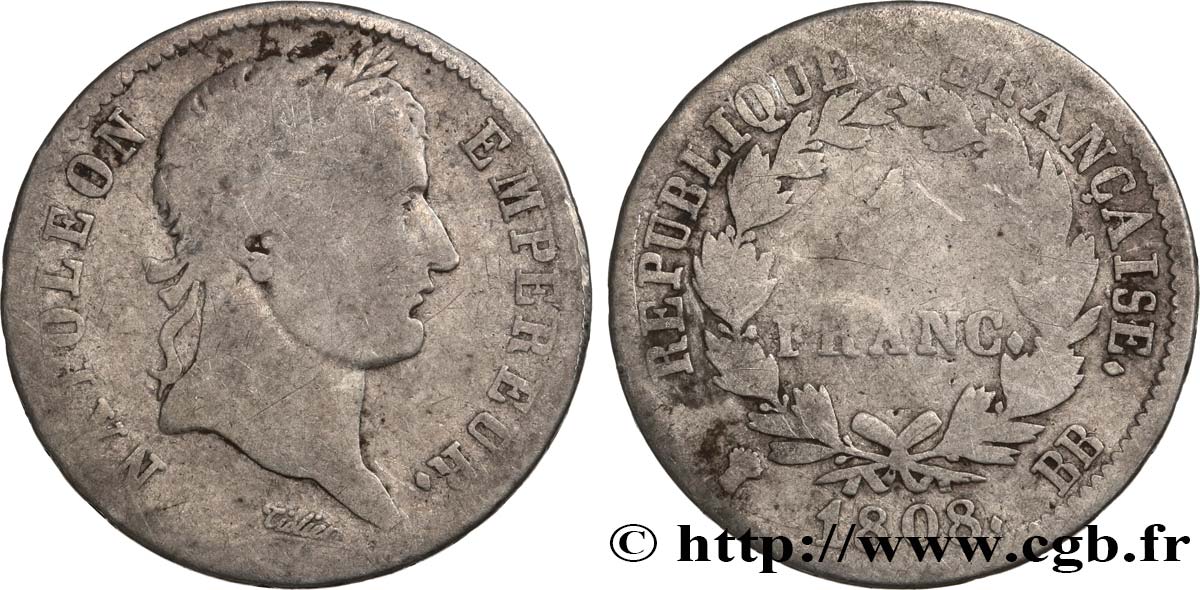 1 franc Napoléon Ier tête laurée, République française 1808 Strasbourg F.204/4 RC 