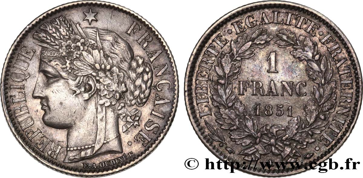 1 franc Cérès, IIe République 1851 Paris F.211/9 AU50 