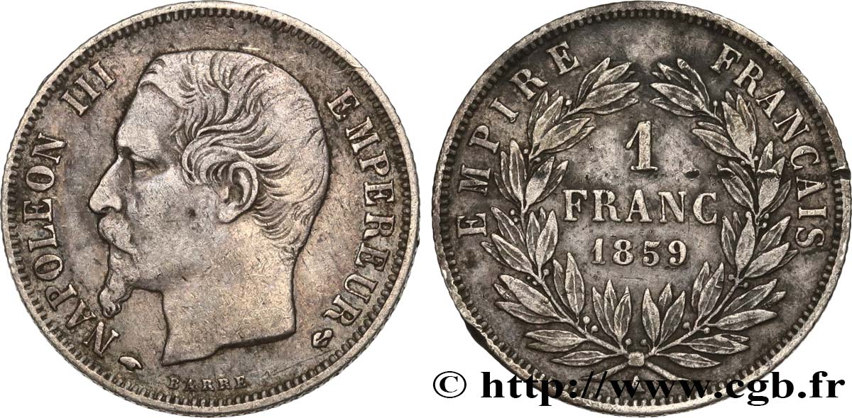 1 franc Napoléon III, tête nue 1859 Paris F.214/12 VF 