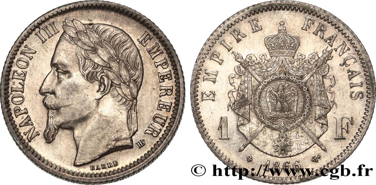 1 franc Napoléon III, tête laurée 1866 Strasbourg F.215/4 EBC 