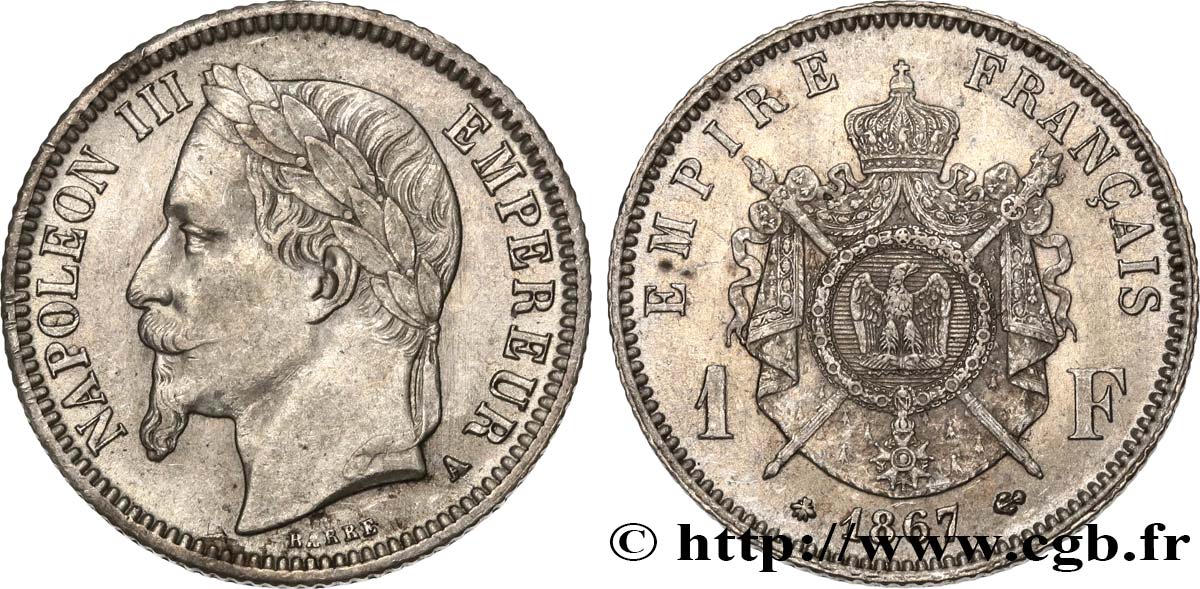 1 franc Napoléon III, tête laurée 1867 Paris F.215/6 VZ58 