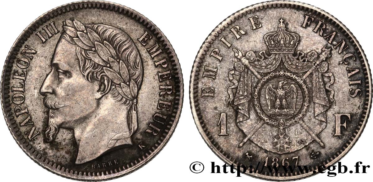 1 franc Napoléon III, tête laurée 1867 Bordeaux F.215/9 SS53 