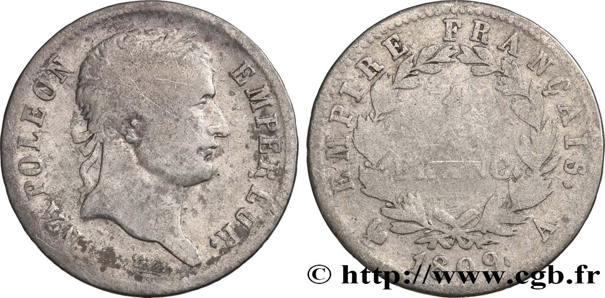 1 franc Napoléon Ier tête laurée, Empire français 1809 Paris F.205/1 B+ 