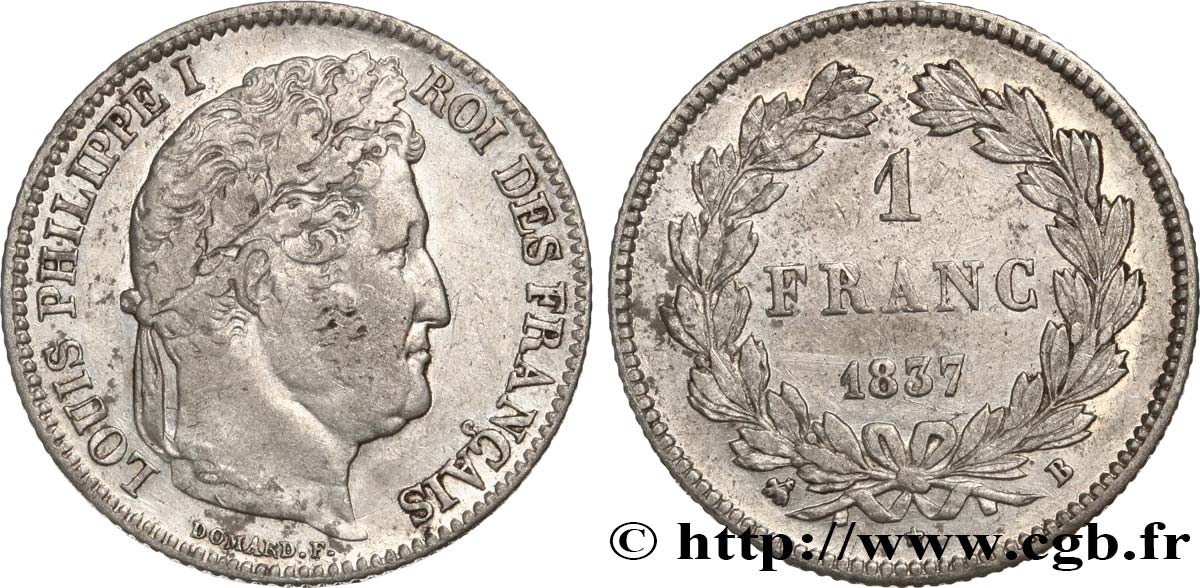 1 franc Louis-Philippe, couronne de chêne 1837 Rouen F.210/56 XF40 