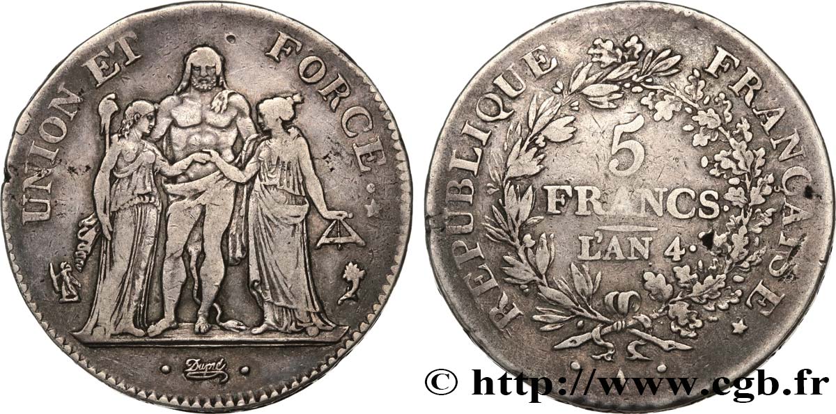 5 francs Union et Force, Union serré, avec glands intérieurs et gland extérieur 1796 Paris F.288/1 BC35 